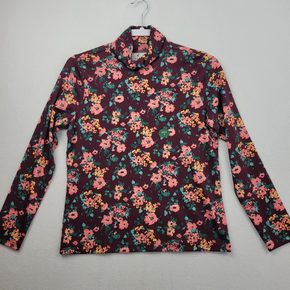 LL Bean‎ Womens Pima Cotton Turtleneck Size Small Petite Burgundy Floral 512331
